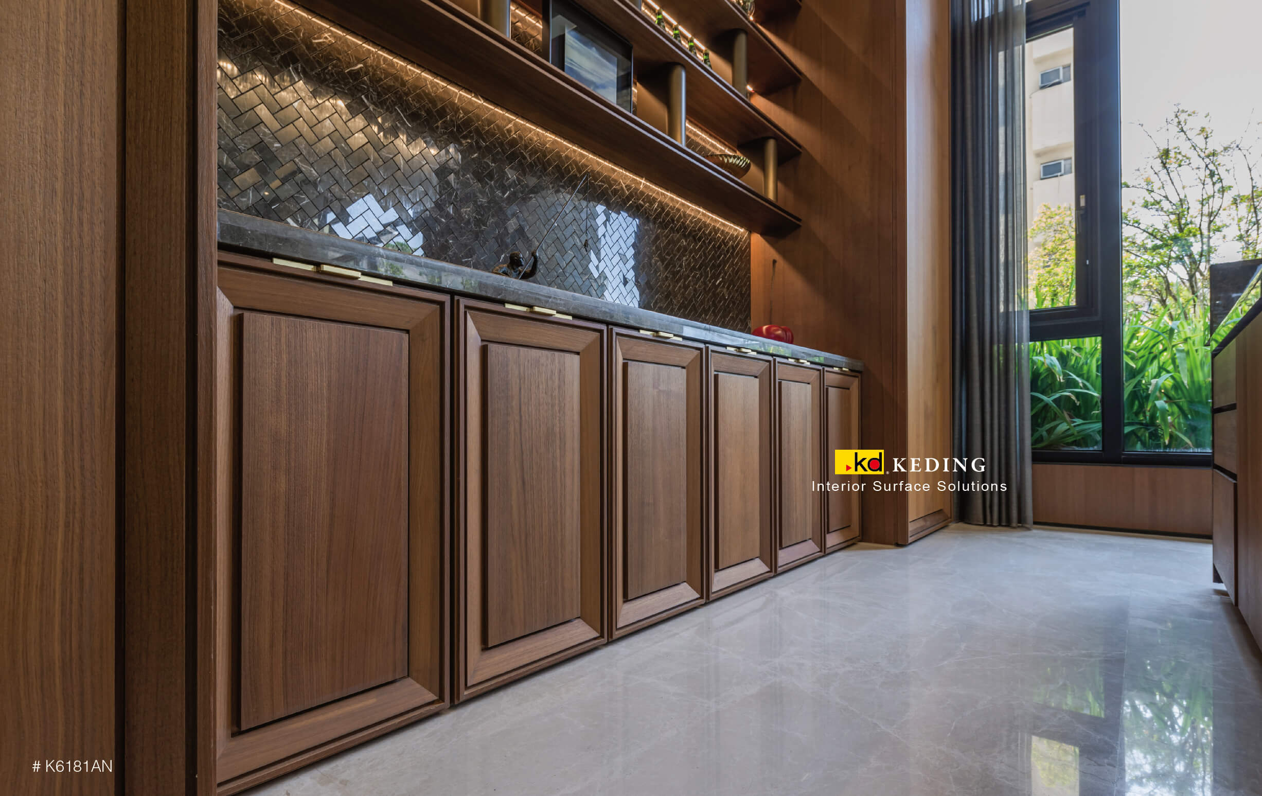 A sophisticated room featuring cabinets adorned with Walnut and Limba wood grain laminates from the Wood Grain Collection