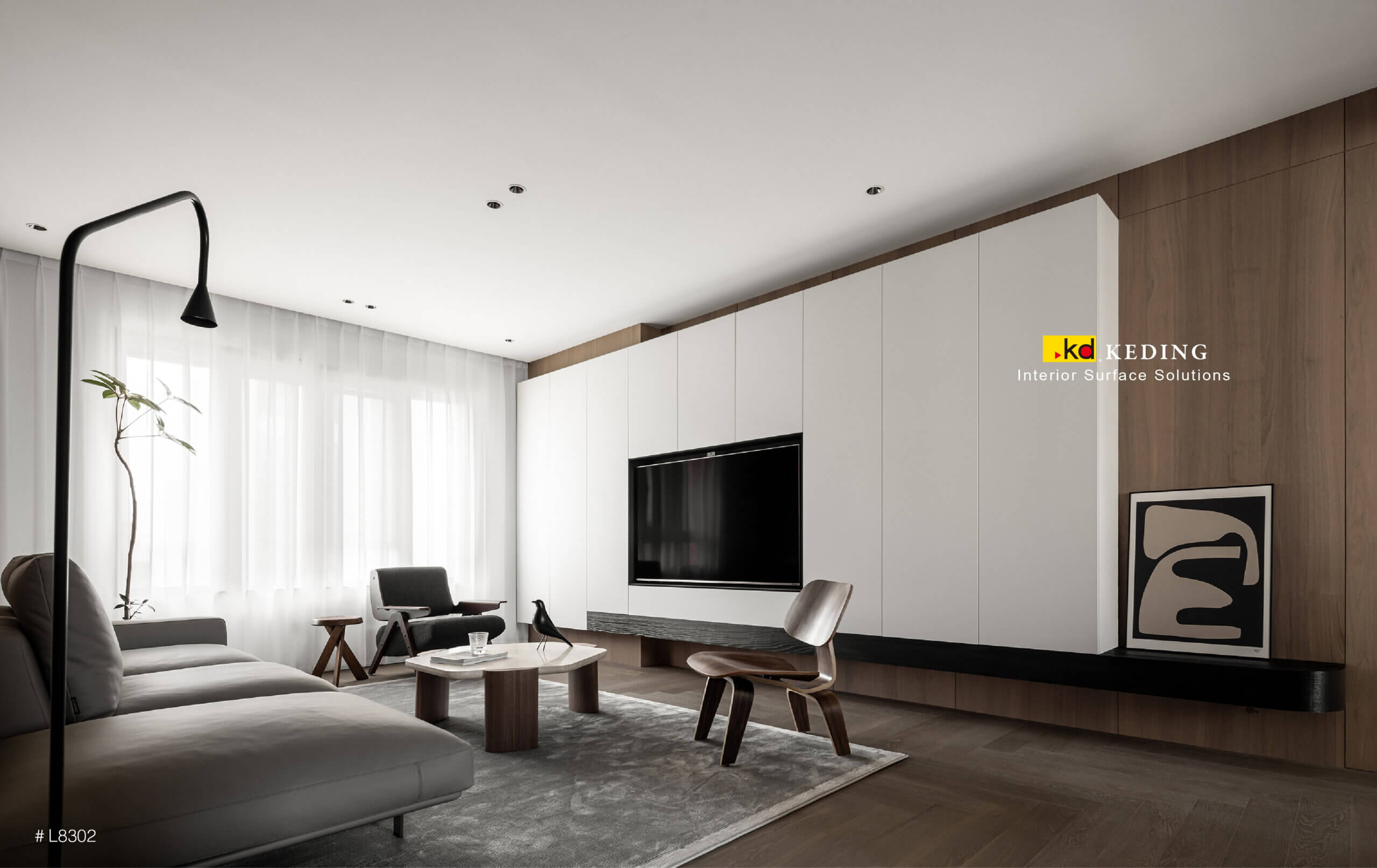 Modern living room featuring woodgrain and matte white textured laminates on walls and cabinets, creating a warm, minimalist aesthetic.